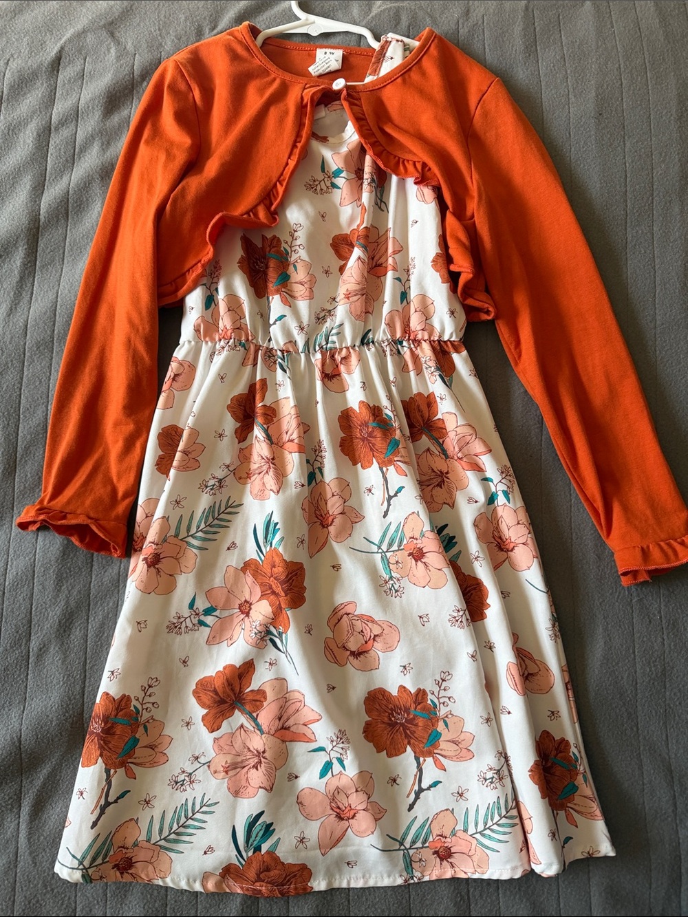 Girls' Floral Cream Dress with Orange Bolero